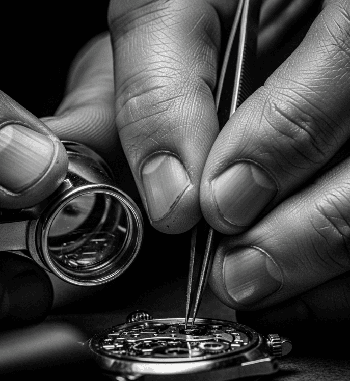 Reloj de lujo en reparación, detalles artesanales y precisión en el trabajo de relojería.